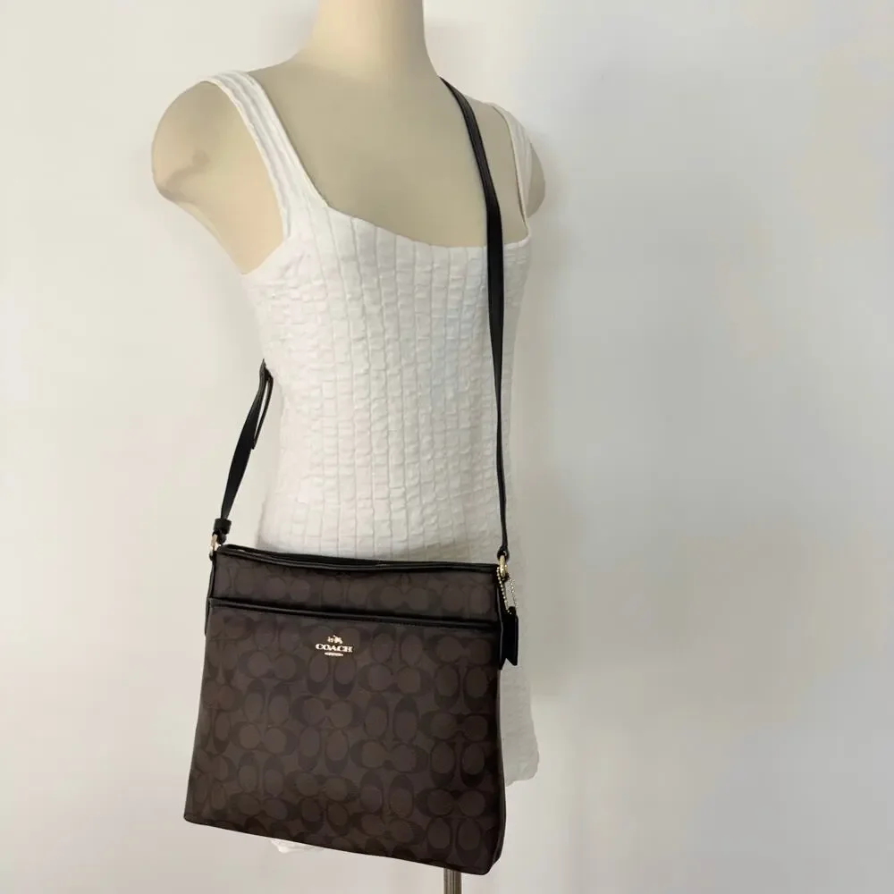 Coach File Crossbody Messenger Bag Signature Coated Canvas in Brown Black F34823